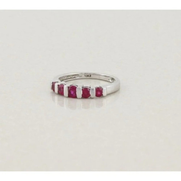 10k White Gold Lab Created Ruby Band Ring Size 5 - Picture 3 of 7